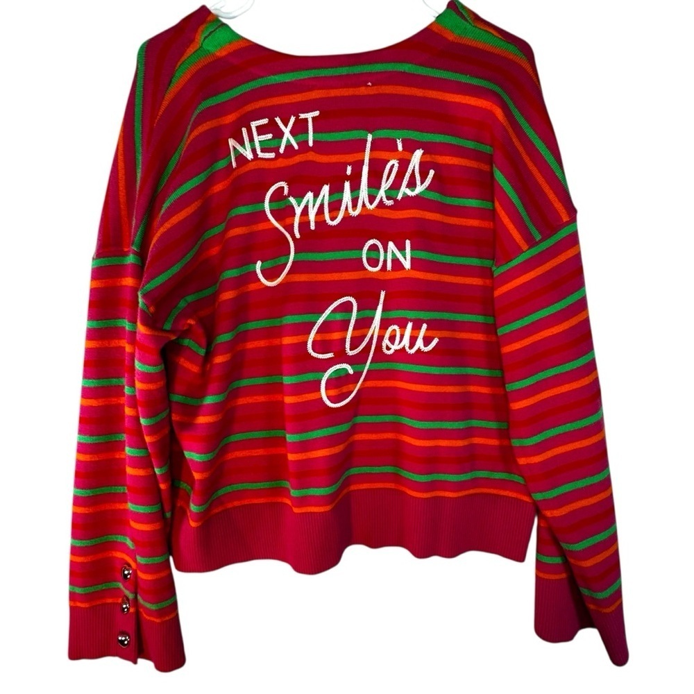 Kerri Rosenthal Next Smiles On You Striped V Neck Knit Multi-Color Large Heart